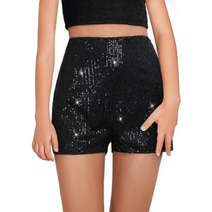 Girls Sequin Shorts Elastic Straight Leg Sparkly Glitter Party High Waist Shorts 5-14 Years (Black)