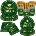 Graduation Plates and Napkins, Green and Gold Graduation Decorations 2026 Tableware Class Of 2026 Grad Paper Plates and Napkins for Congrats Grad Party Decorations