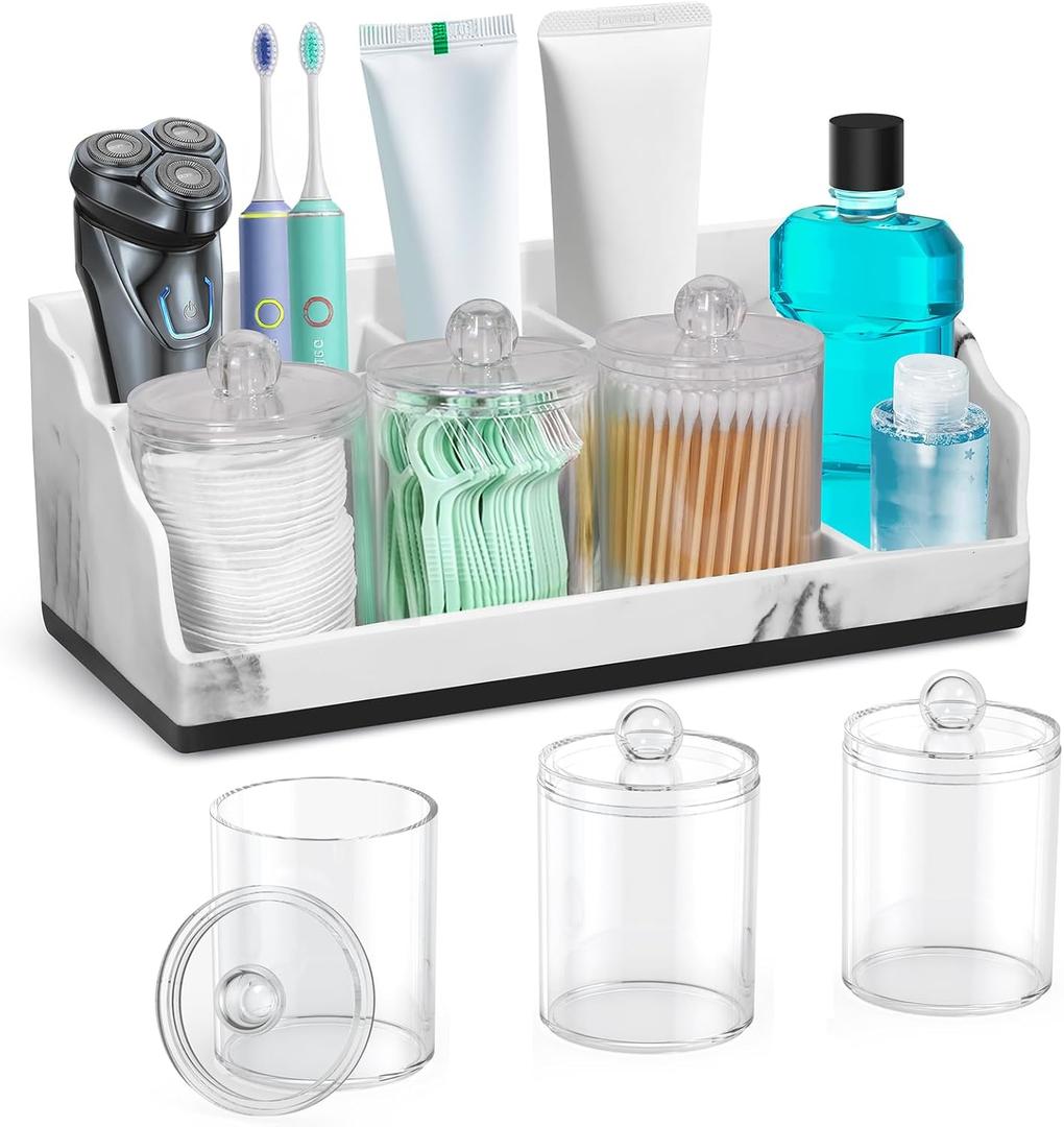 Marble Bathroom Countertop Organizer, Toothbrush Holders for Bathroom with 3PCS Qtip Holder Dispenser and Toothpaste Holder Drainage for Bathroom Accessories Organization Counter Vanity Storage (With 2 Electric Toothbrush Slots, White)