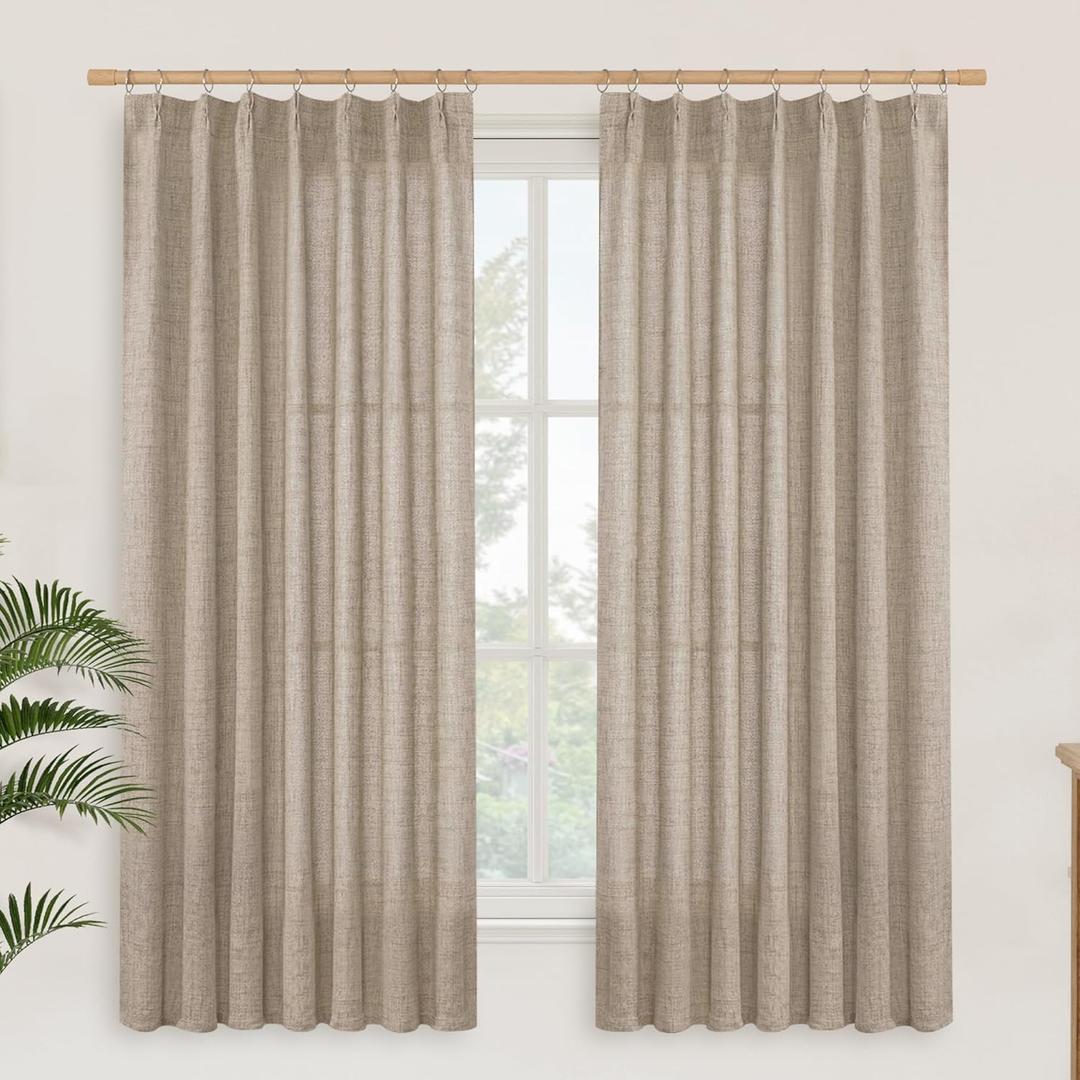 YoungsTex Oatmeal Linen Semi Sheer Curtains 63 Inch Length for Living Room, Light Filtering Window Drapes with Back Tab for Bedroom, 2 Panels, 40 X 63 Inch (Pleated-dark Oatmeal)