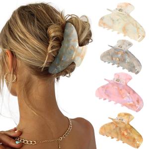 3 Pcs Large Acrylic Hair Claw Clips - Strong Hold Thick Hair Banana Barrettes for Women Girls (Hair Clips, Banana(gray/champagne/green/pink))