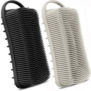 2PCS Silicone Body Scrubber, Loofah for Women, Gentle Exfoliating Shower Cleaner Bath Brush, Rubber Body Wash Deep Cleaning & Exfoliator & Massage, Travel-Friendly for Bathroom (Black & Oatmeal)