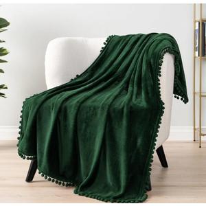 PAVILIA Fleece Throw Blanket for Couch with Pom Pom Fringe, Emerald Green, Soft Cozy Fuzzy Flannel Blanket for Sofa Bed, Lightweight Plush All Season Throw, 50x60 Inches