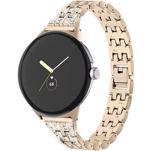 FitTurn Compatible With Google Pixel Watch 3 41mm/Watch 2 1 Band Women Bling Diamond Metal Strap Dressy Crystal Strap Band For Google Pixel 3 41mm Smartwatch Accessories (Champagne)