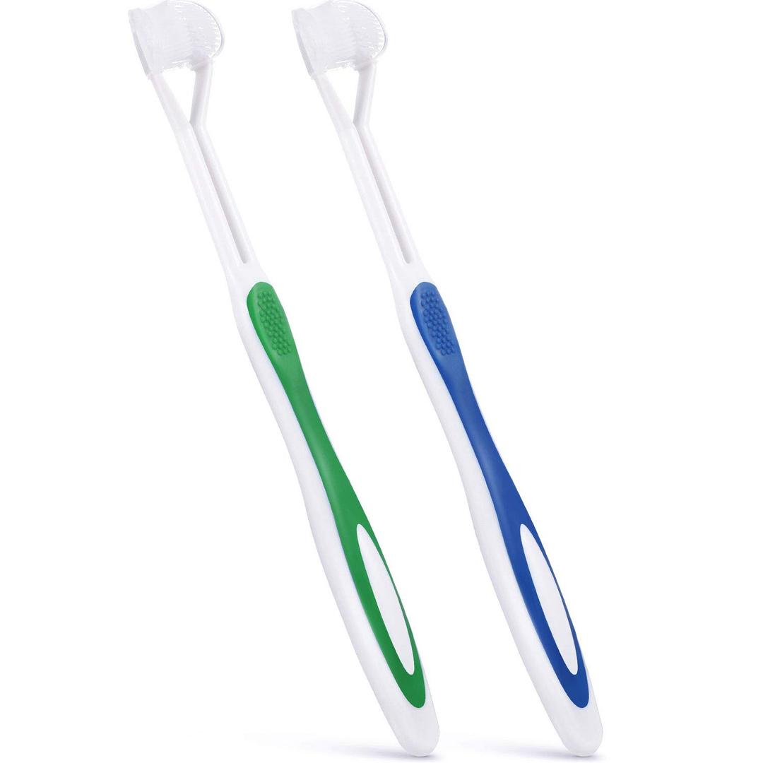 Boao 2 Pieces Autism Toothbrush Three Bristle Travel Toothbrush for Complete Teeth, Great Angle Bristles Clean Each Tooth, Soft and Gentle(Green, Blue)