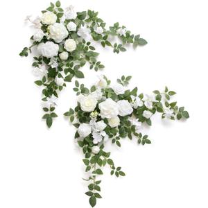 Ling's moment 2PCS Artificial Floral Swags Centerpieces Wedding Arch Flowers White Rose Garland Greenery Arrangements for Sweetheart/Head Table Easel Wall Entryway Board Backdrop Decor