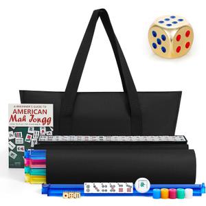American Mahjong Tile Set, Mah Jong Set Complete with Bag, 166 White Tiles with Golden Dices for Travel, 4 All-in-One Mahjong Racks with Pushers (Black), 3 Inches X 5.6 Inches
