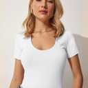 SANDERY Summer Women's Scoop Neck Short Sleeve Shirts Ribbed Slim Fitted Casual Basic Top Blouses (S)