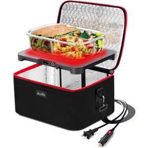 Aotto Portable Oven, Electric Lunch Box Food Heater - 12V/24V/110V 3-in-1 Car Food Warmer - Heated Lunch Box for Adults - Cook, Reheat & Keep Meals Warm for Car, Truck, Travel, Work, Home - Black Red
