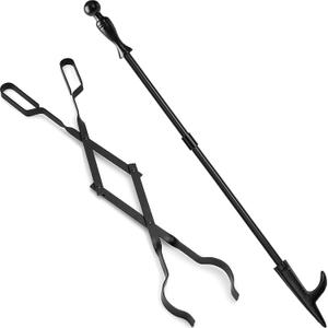 Heavy Duty 32 Long Fireplace Fire Pit Campfire Poker Stick and 26 Fireplace Tongs Tool Set Log Grabber Rust Resistant fire poker Camping Fireplace Tools for Indoor Outdoor Solo Stove Accessories