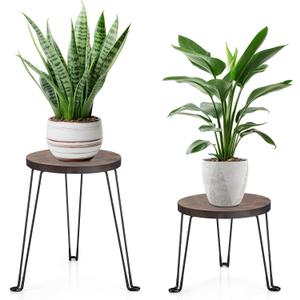 Yangbaga Wooden Plant Stands Indoor: 2Pack 11.81IN Round Plant Stands with Metal Legs,Mid Century Plant Holder for Home Decor,Multi-purpose Plant Table for Living Room/Patio/Garden/Balcony/Office