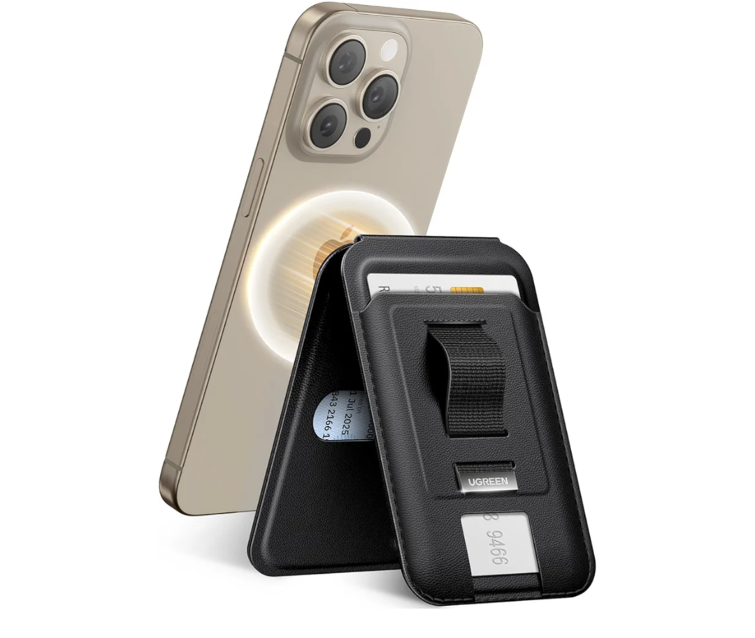 UGREEN for Magsafe Wallet, Magnetic Phone Wallet Compatible with iPhone with Finger Loop Grip, Adjustable Stand Compatible with iPhone 17 16 15 14 13 12 Series (Mini Not Included), Black