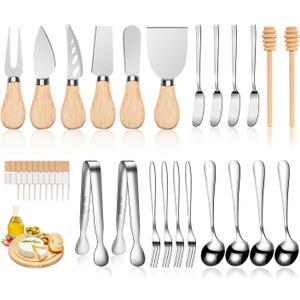 Charcuterie Board Accessories Wooden Cheese Spreader Knive Set, Wood Handle Butter knives For Cheese Kit, Mini Cheese Knife Slicer With Tongs, Spoons, Forks,Honey Dipper (23 Pack)