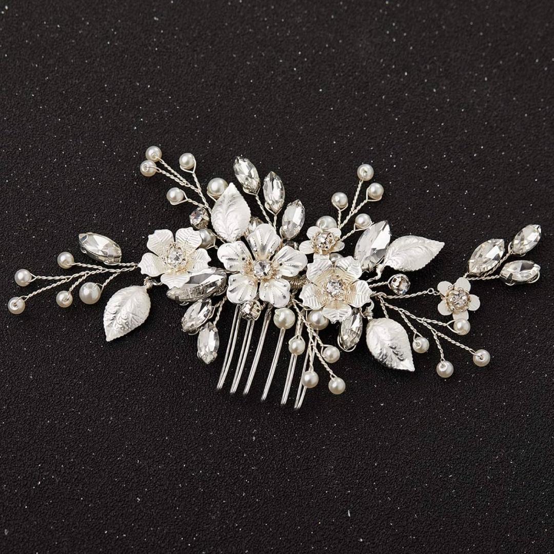 SWEETV Silver Bridal Hair Comb for Wedding Hair Accessories, Handmade with Crystals, Pearls, and Leaves, 4.72 x 2.75 inches, for Brides, Women