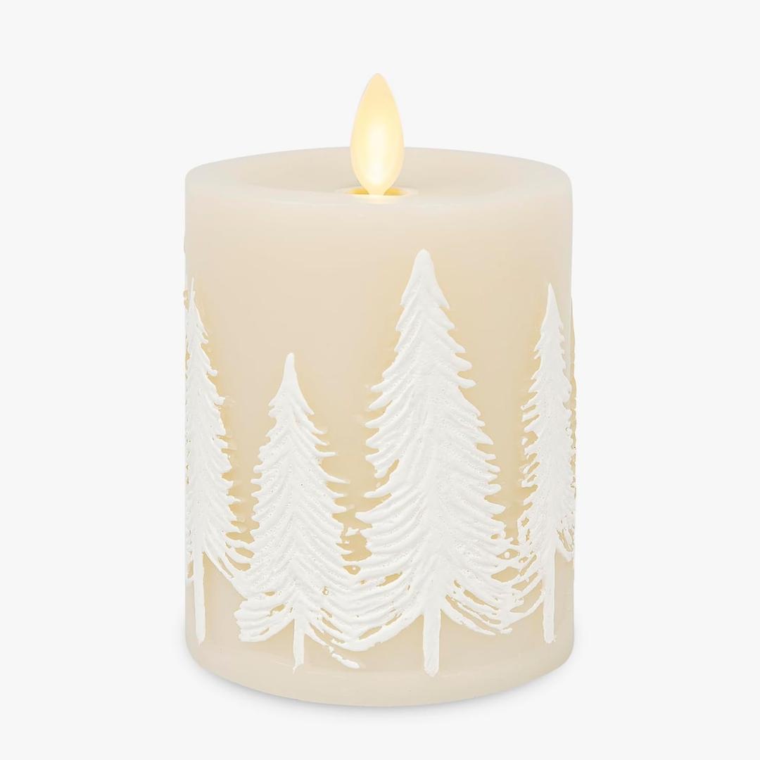 Luminara White Swan Embossed Trees Flameless LED Candle, 3.2" x 4.5", Moving Flame, Safe Timer Feature, Real Wax, Battery Operated Home Dcor