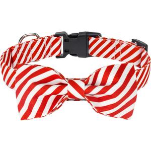 Malier Cute Adjustable Christmas Collar with Bowtie, Classic Stripe for Girl & Boy Dogs, Cats (Red Stripe, Small)