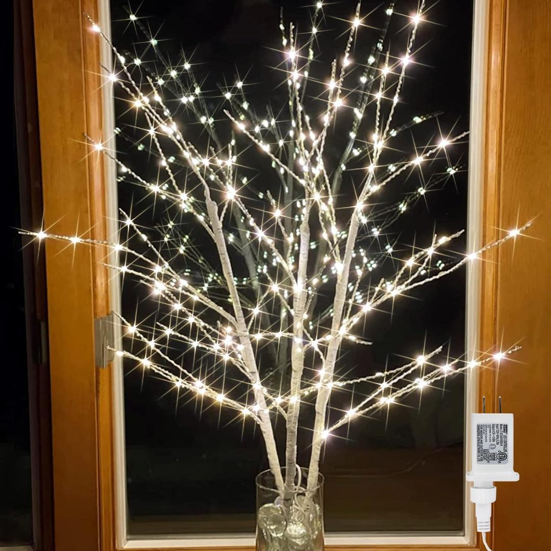 Bexdir Lighted Birch White Tree Branches 33IN 180LED with Timer Plug in, Artificial Tree White Birch Twig for Christmas Home Decor Party Wedding Bedroom