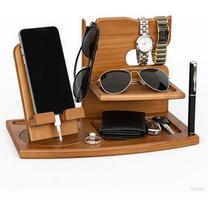 Wooden Desk Organizer with Phone Stand - 11.2"7.3"7.3" Multifunctional Desktop Storage for Phone, Glasses, Watch, Office Supplies, Bedside Organizer & Wood Dock Station