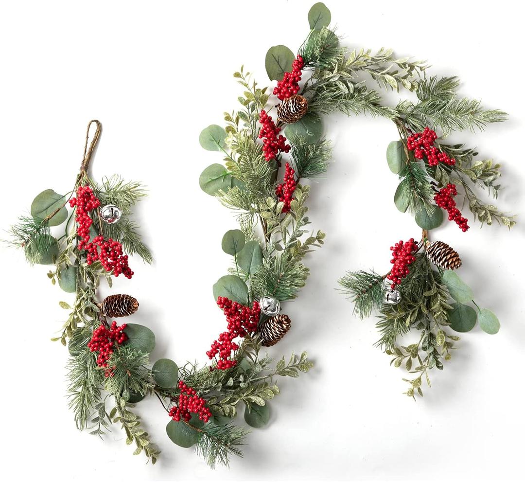 LOHASBEE Artificial Christmas Garland, 5 Feet Pine Cone Eucalyptus Garland with Red Berries, Bells & Greenery Glitter for Christmas Indoor Outdoor Garden Gate Front Door Home Wall Window Stair Decor
