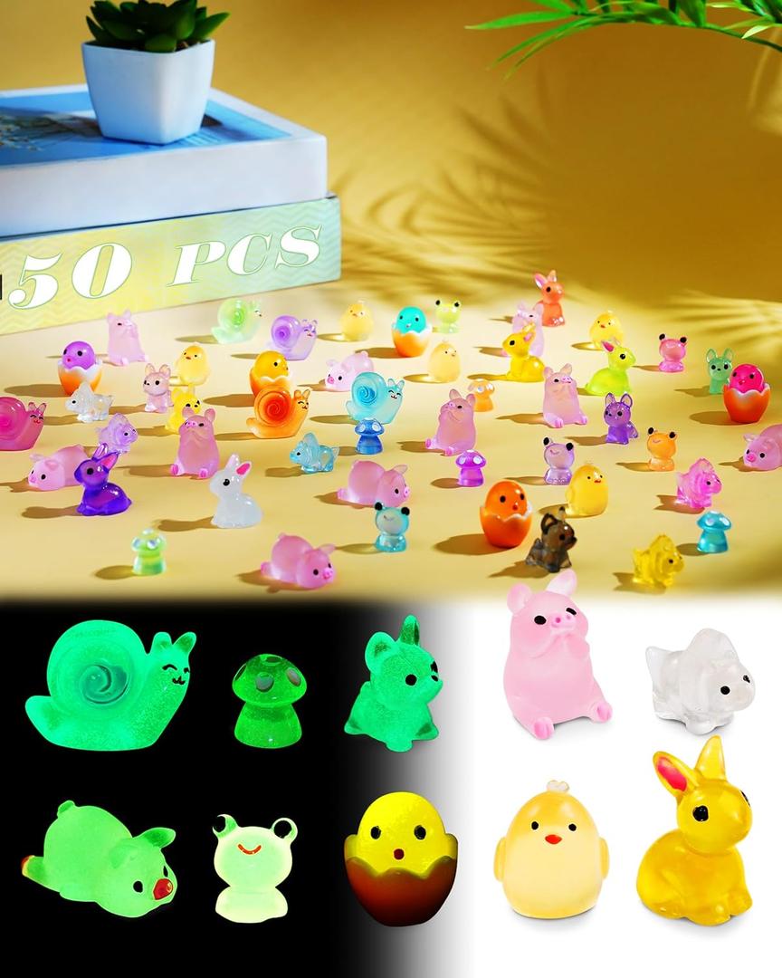 50Pcs Mini Resin Animals Bulk, Luminous Tiny Plastic Animal Figures to Hide, Miniature Fairy Garden Animals Accessories, Small Farm Animal Charm for DIY Crafts, 10 Variety Figurines