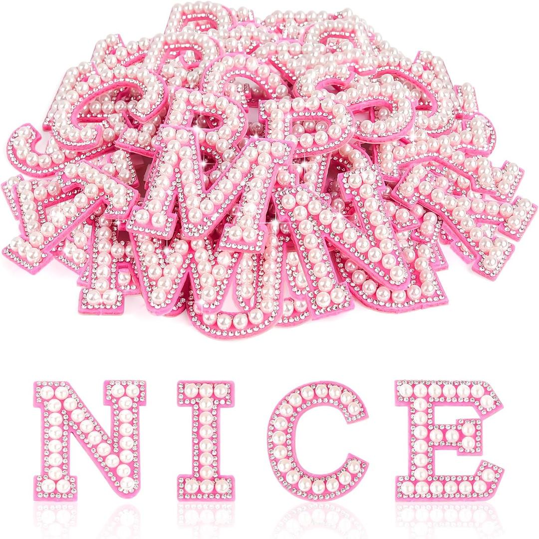 ASTARON 26 Pcs Self Adhesive Letter Patches Pearl Rhinestone Letter Stickers, Glitter Rhinestone Letters A-Z Embroidered Applique Patches Alphabet Cloth Patch for Clothes, Bags, Hat, Phone Case, DIY, Pink
