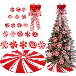 Syhood Christmas Candy Canes Design Tree Topper Red Cap 36 Inch Red Swirl Christmas Tree Skirt Wooden Winter Lollipop Holiday Decoration for Xmas Gifts