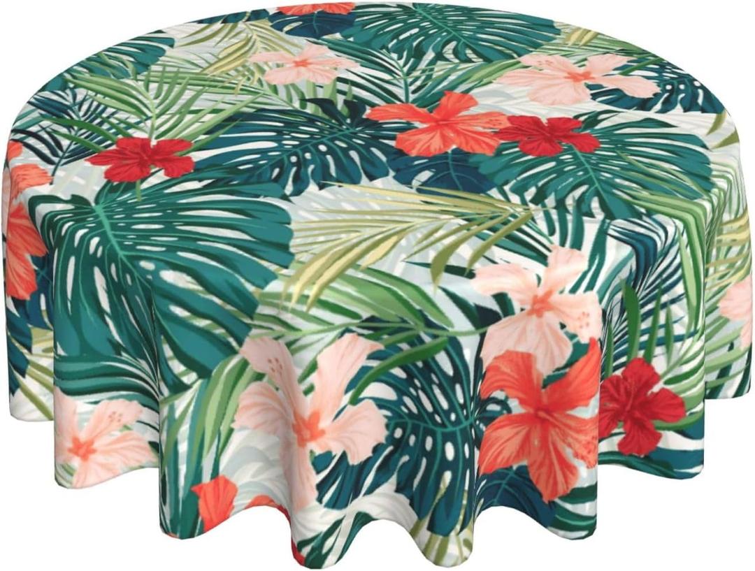 Summer Tropical Tablecloth Round 60 Inch Green Hawaiian Palm Leaf Table Cloth Polyester Fabric Floral Summer Table Cover Outdoor Decorative for Kitchen Holiday Party Dining Picnic