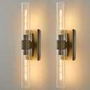 Linear Brass Bathroom Wall Sconce - Luxury Antique Brushed Gold Sconces Set of 2 - Dimmable Vanity Lights Fixture with Clear Glass Tube - Modern Lighting for Bedroom Living Room Hallway Indoor Decor, 2 Pack