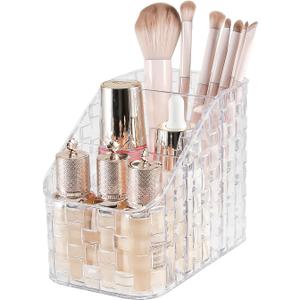 DASITON Makeup Brush Holder Organizer, 3 Slots Acrylic Makeup Brushes Storage Cup, Woven Texture Make Up Brush Holder for Vanity Bathroom Office, Pen Holder for Desk, Cosmetic Display Cases (Clear M)