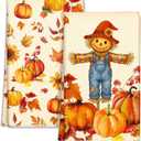 Fall Kitchen Towels Set of 2 - Fall Kitchen Dish Towels 18x26 Inch Microfiber Decorative Autumn Themed Towel for Thanksgiving Harvest, Absorbent Hand Towel with Hanging Loop, Straw Pumpkin