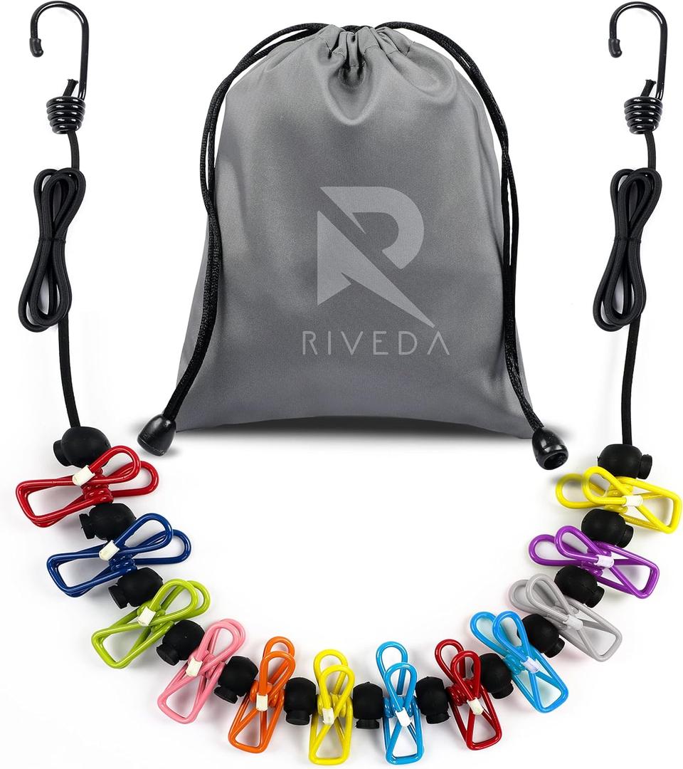 Portable Travel Clothesline with 12 Colorful Clips & Bag, Elastic RV & Camping Clothes Line for Indoor Laundry Drying Line & Outdoor Camping Accessories (Elastic)