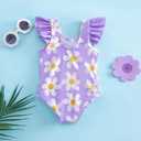Aruzig Toddler Baby Girl Swimsuit Ruffle Bathing Suit Pattern Print One Piece Beach Swimwear for Girls (Purple Flower, 5-6 Years)