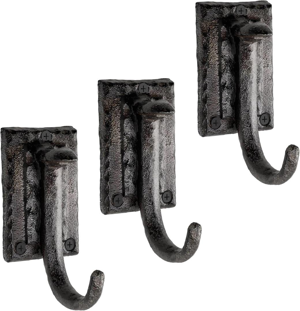 Rustic State Plate Wall Mount Cast Iron Hooks Coat Towel Bag Hat Hanger Railroad Spike Rack with Hammered Effect Texture Black Set of 3