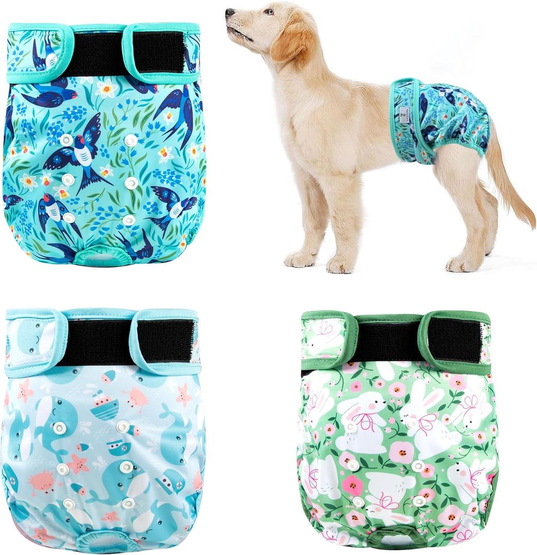 3Pack Dog Diapers Female,Washable Diaper for Doggie,Highly Absorbent Reusable Dog Diaper,Adjustable Leakproof Puppy Girl Dog Diapers for Heat,Incontinence,Period Doggy Nappies (L(15"-17"Waist), Swallow)