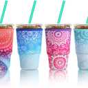 Patelai 4 Pieces Reusable Iced Coffee Sleeve Cup Insulator for Cold Drinks Beverages and Holder for Most Coffee(30-32 oz Large,Flower Style)