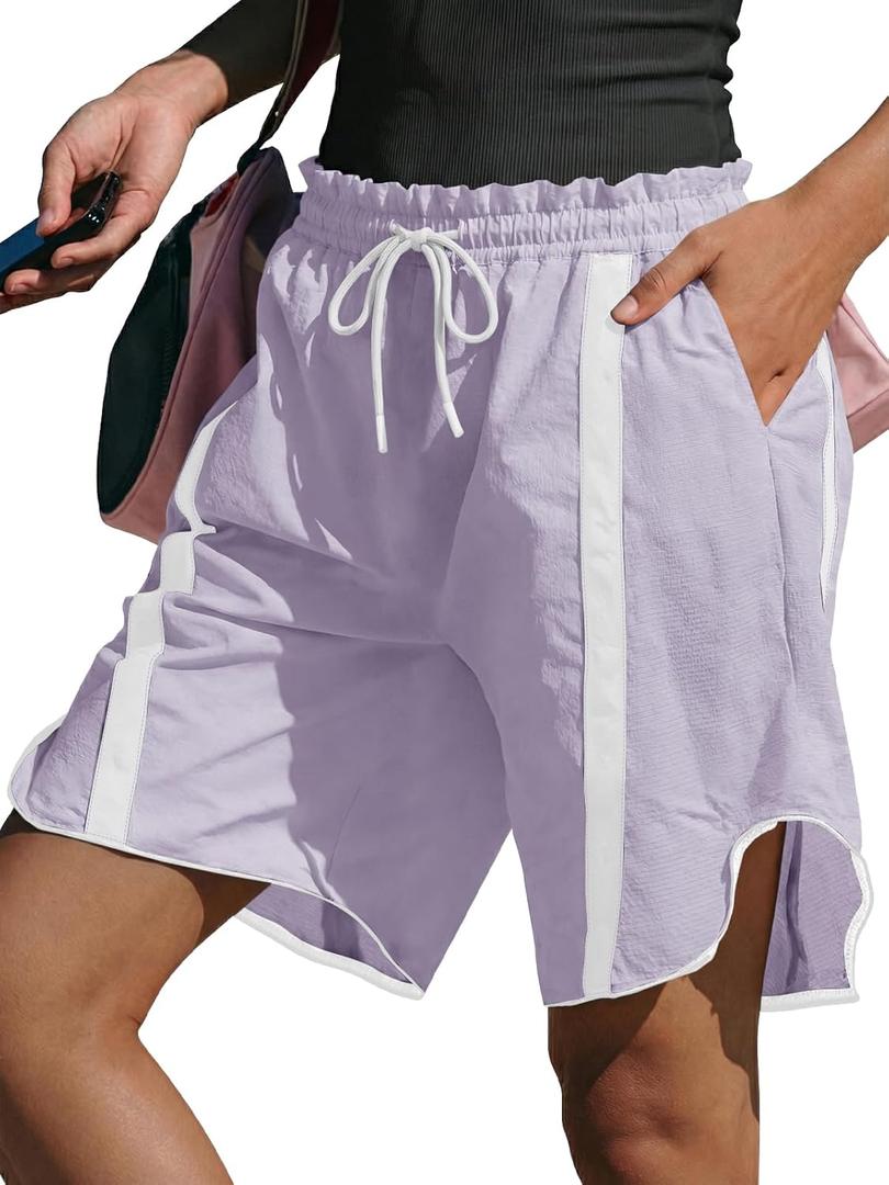 Fisoew Womens Baggy Cargo Shorts Casual Wide Leg Knee Length Drawstring Elastic Waist Workout Running Athletic Yoga Shorts (Medium, Violet)