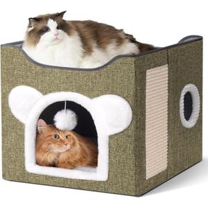 Cat Houses for Indoor Cats, Large Cat Cave with Fluffy Ball and Scratch Pad, Covered Cat Bed House, Foldable Cat Hideaway (Beige)