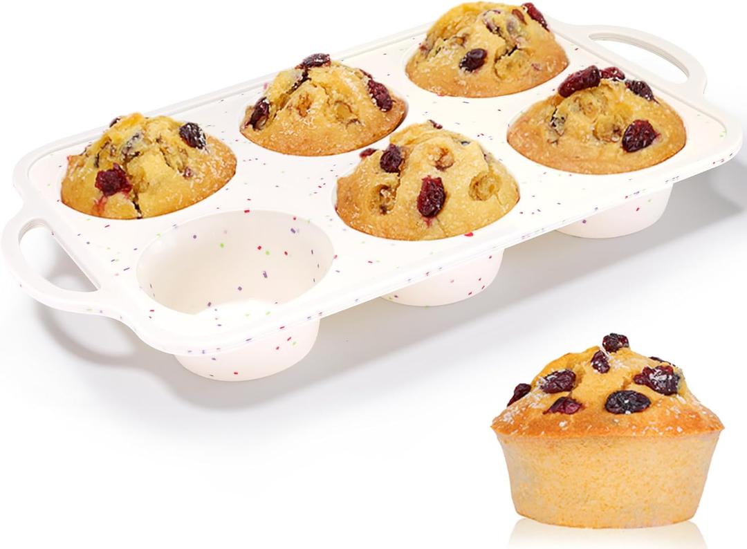 Jumbo Muffin Pan, Metal Reinforced Frame 3.5 inch Large Silicone Cupcake Pan 6 cups Large Muffin Pan with Handle Nonstick Jumbo Muffin Tin for Baking Giant Homemade Muffins, Cupcakes, Frittatas (Creamy Confetti)