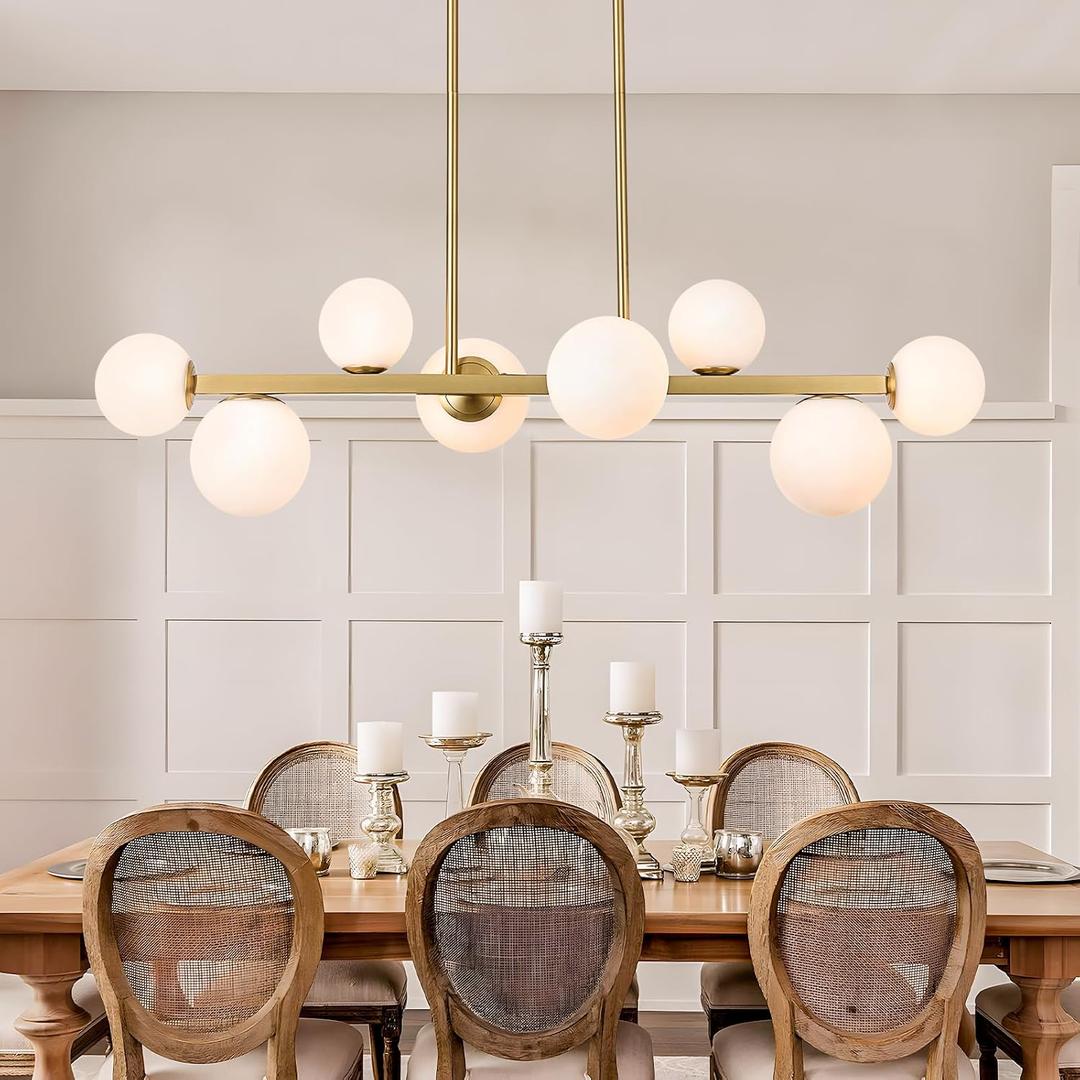 Jonsi Dining Room Light Fixture Over Table, Mid Century Chandeliers, Modern 8 Lights Globe Glass Linear Chandelier Adjustable Ceiling Hanging for Living Dining Room Kitchen Island, Gold
