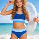Girls Bathing Suit Color Block Bikini Sets Girls 2 Piece Swimsuit Adjustable Straps Girl Swimsuit with Chest Pad 9-16Y (Blue)
