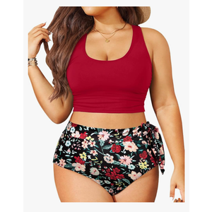Plus Size Two Piece Swimsuits - Women High Waisted Bikini Scoop Neck Bathing Suit Swimwear 16W