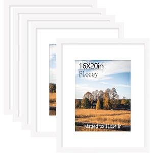 16x20 Picture Frame 5 Pack, White Poster Frame, Display Pictures 11 x 14 with Mat or 16 x 20 Without Mat for Horizontal or Vertical Wall Mounting, Wall Gallery Frame for Artwork Certificate