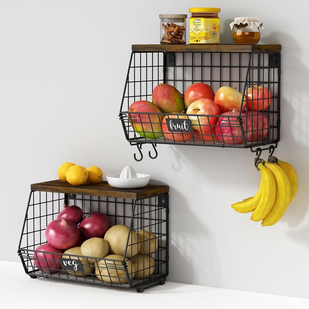Hanging Wall Fruit Basket for Kitchen Counter 2 Pack, Stackable Wire Baskets for Organizing with Wood Lid, Potato and Onion Storage Bin with Banana Hook for Vegetable Produce, Black + Rustic