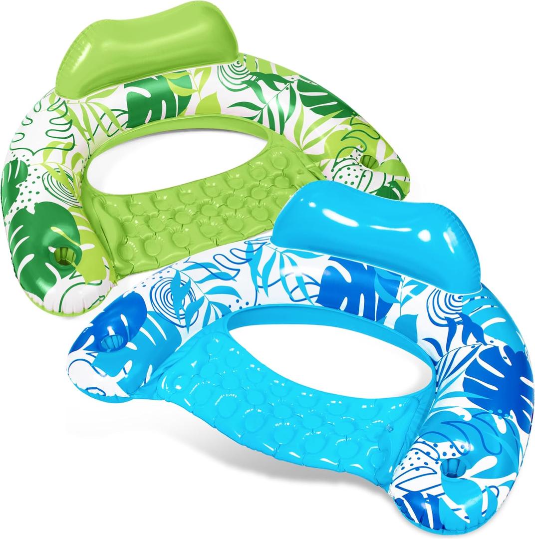 SLOOSH Inflatable Pool Floats Adult,2 Pack Pool Chairs with Cup Holders,X-Large Blow up Floats Chair,Hammock Noodle Mat for Relaxing Summer Water Fun Swimming Party Beach