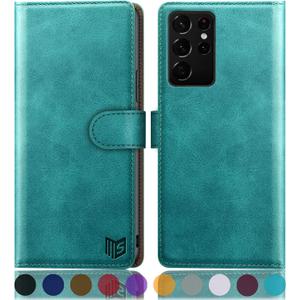 SUANPOT for Samsung Galaxy S21 Ultra 6.8" with RFID Blocking Leather Wallet case Credit Card Holder,Flip Folio Book Phone case Shockproof Cover Women Men for Samsung S21 Ultra case Wallet Blue Green