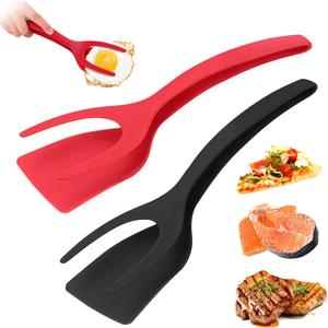 Egg Flipper Spatula 2 PCS 2 in 1 Grip and Flip Spatula Tongs Spatulas for Kitchen use Eggflipper Spatulaflipper Eggturner Pancake Fish French Toast Omelet Making for Home Cooking Tool (black and red)