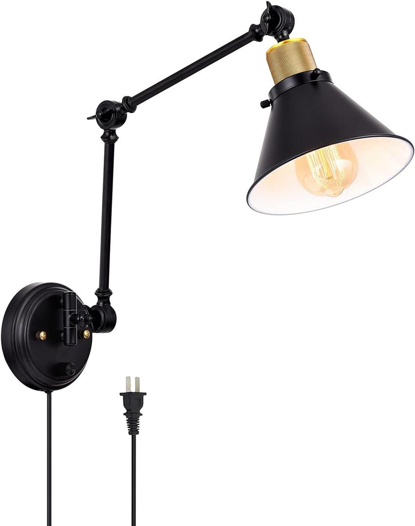 TRLIFE Wall Sconce Plug in, Dimmable Wall Sconce with Switch Swing Arm Wall Lights Plug in Wall Mounted Light Wall Sconces Lighting with 6FT Plug in Cord, E26 Base, UL Listed(Two Arms, 1 Pack) (Black)