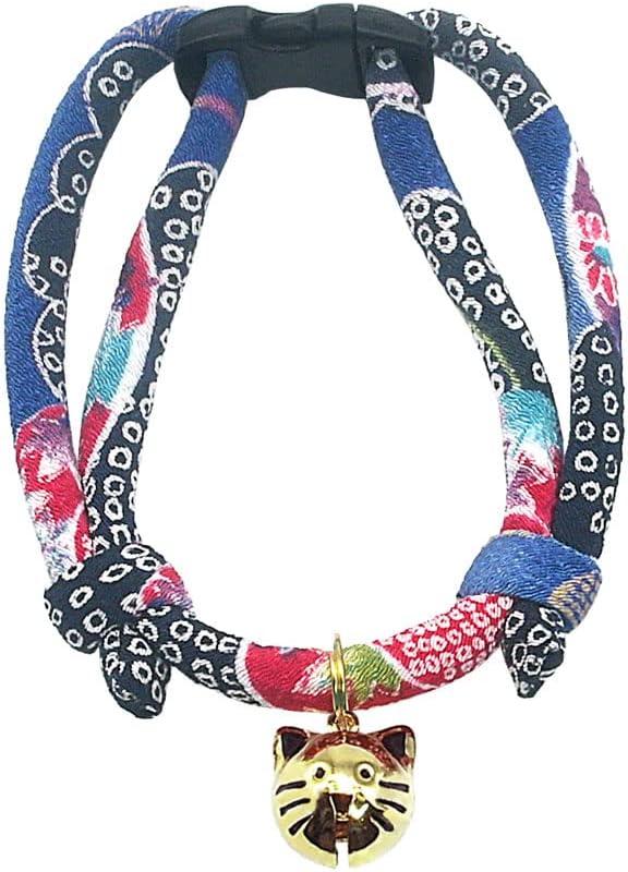 PetSoKoo Cat Collar with Kitty Face Bell. Cute Japan Chirimen Kitten Collar. Soft & Lightweight. (Standard (6-13inch,16-32cm), Midnight Blue)