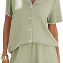 Ekouaer Women's Ribbed Button Down Pajamas Sets 2 Piece Short Sleeve Shorts Pjs Knit Lounge Sets (Large, Light Green)