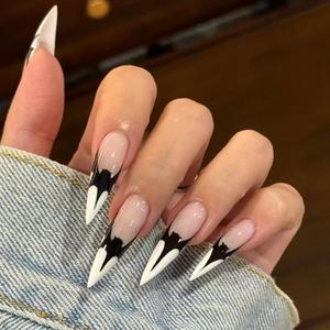 Handmade Press on Nails Bat Halloween Long Almond Fake Nails White French Tip Acrylic Glue on Nails Reusable Glossy Stick on Nails for Women (MT-156-M)